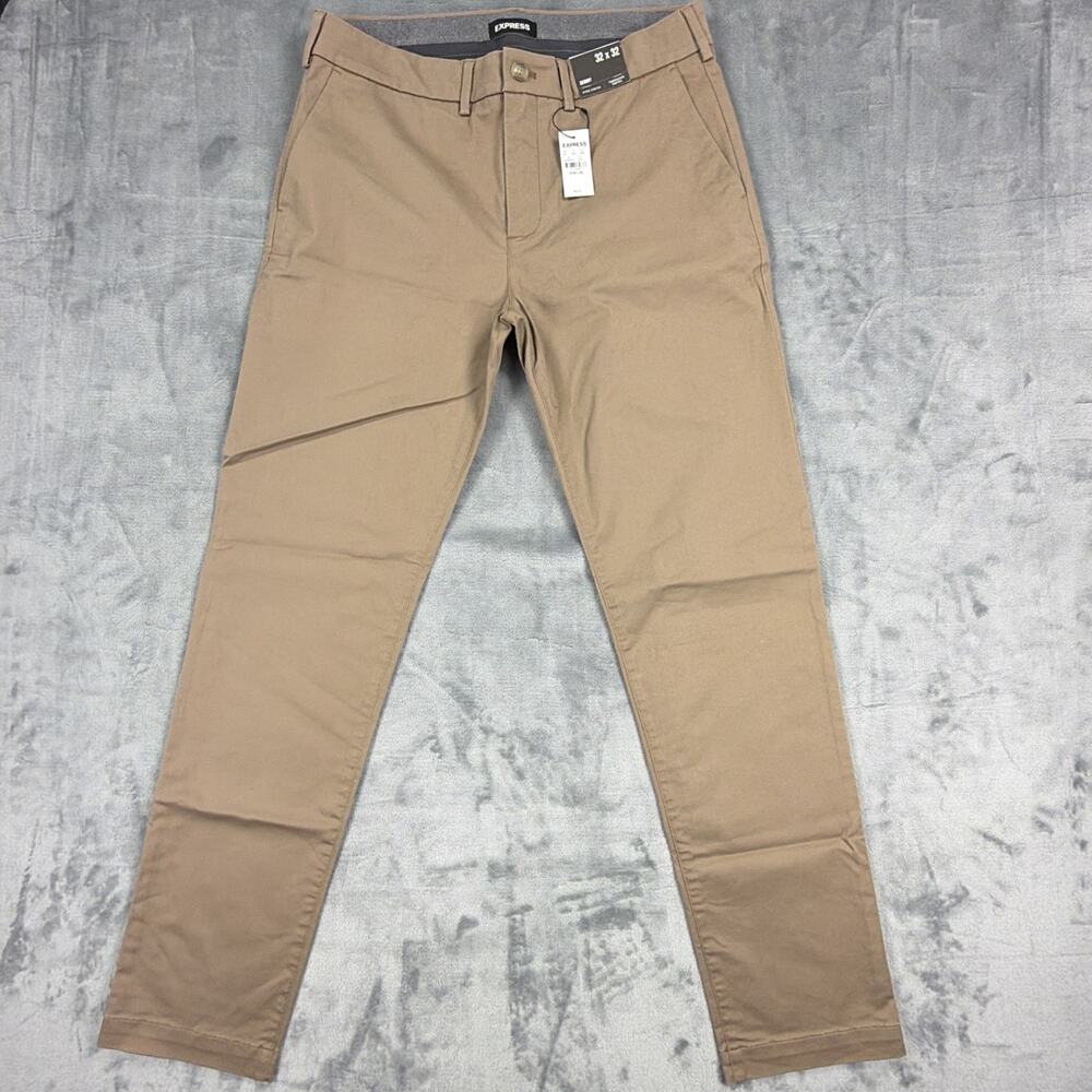 Express Mens Skinny Fit Pants 32x32 Khaki Hyper Stretch NWT Flat Front